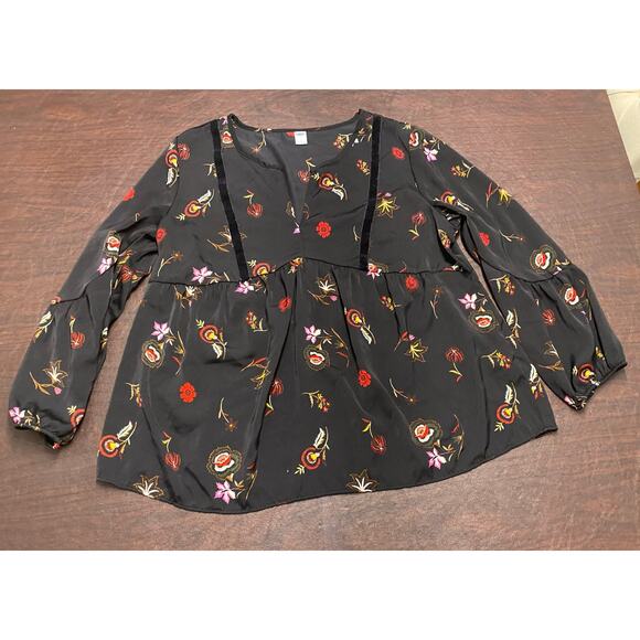 Black Floral Babydoll Tunic V-neck Velvet Trim Long Sleeve Large Whimsigoth Boho - Picture 5 of 8